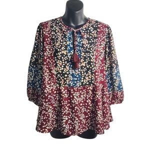 Braeve Blouse Women's Multicolor Tasseled Accents Polyester 3/4 Sleeve Sz Medium